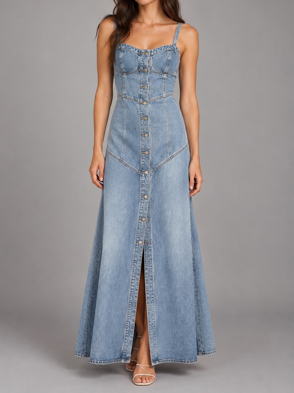 Splendid Lounge Denim Maxi Dress Button Front Smocked Med Wash Blue S Western